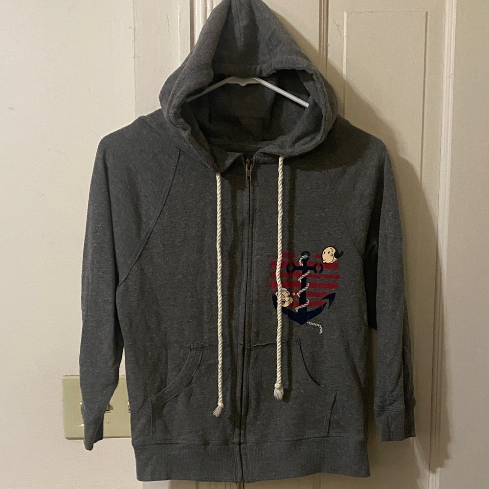 Forever 21 Gray Zip-Up 3/4 Sleeve Hoodie with Popeye Heart Design Graphic
